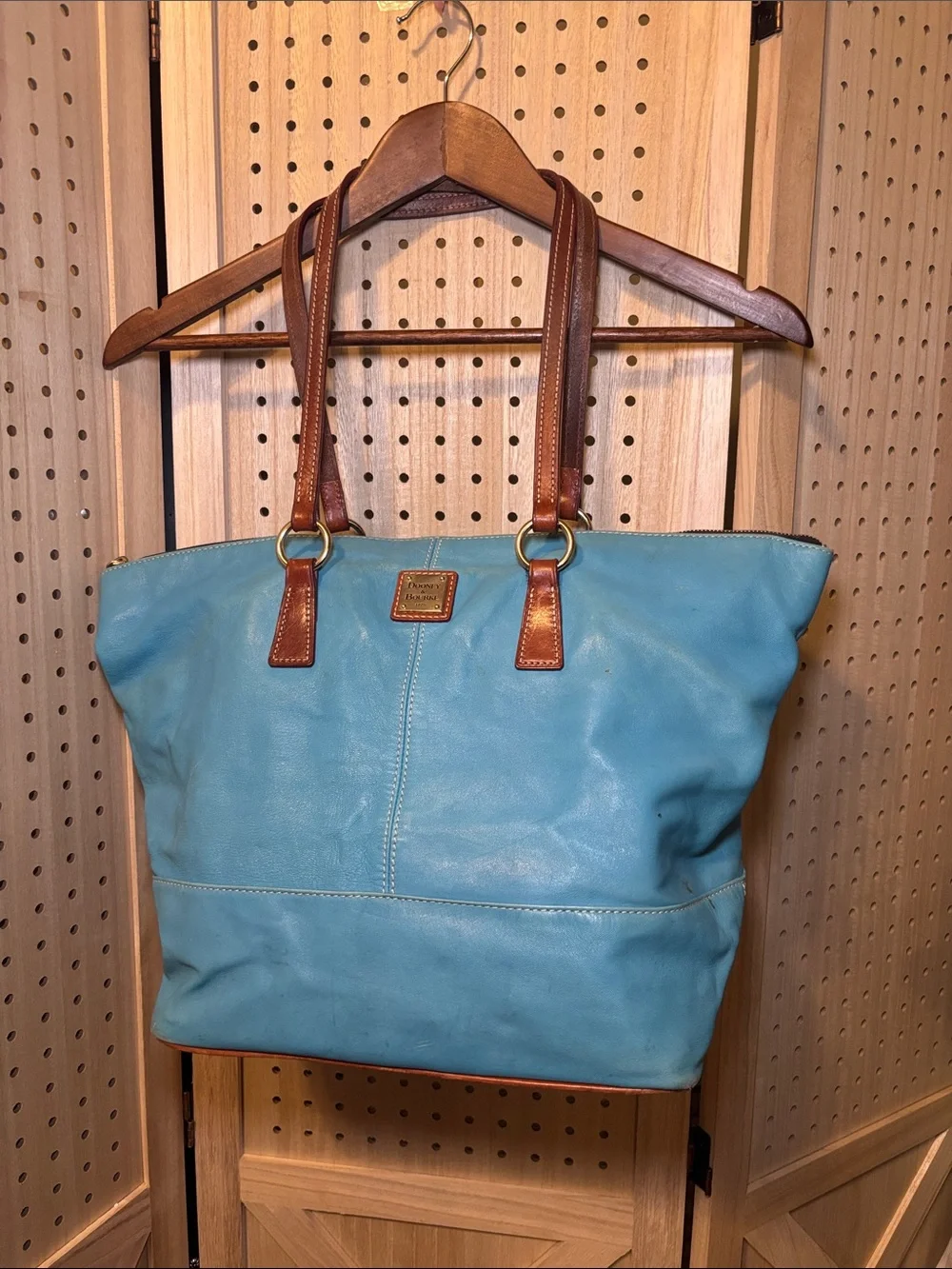 Dooney & Bourke Turquoise Leather Tote with Brown Trim